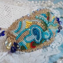 Blue Gold Butterfly bracelet embroidered with Swarovski crystals; smooth drops, facets, seed beads and a 14K Gold Filled clasp